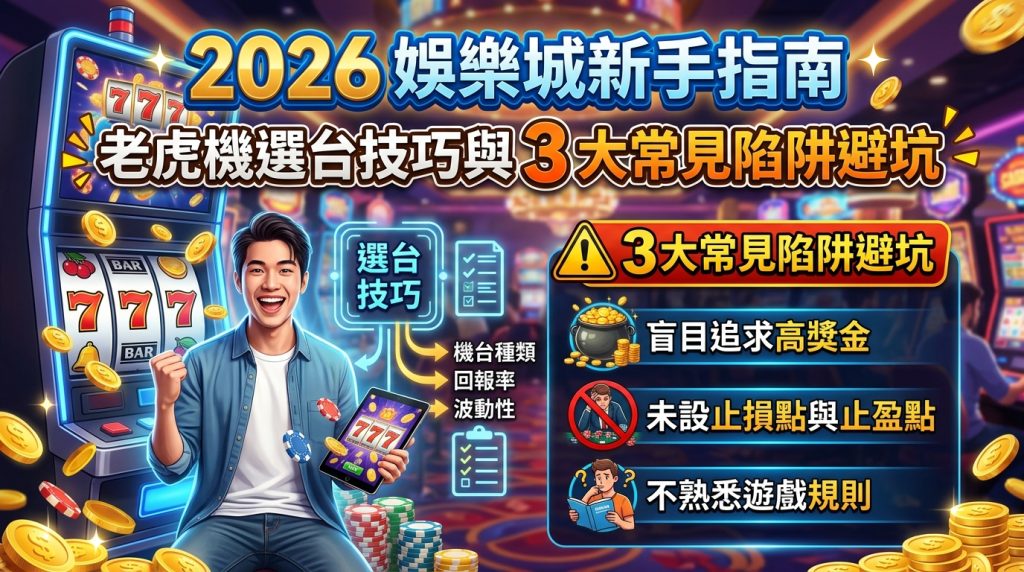 一張以 16:9 比例設計的 2026 娛樂城新手指南 SEO 縮圖,背景為熱鬧絢麗的賭場與亮眼的老虎機,並伴隨飛舞的金幣。 畫面呈現歡呼的新手玩家與圖表,搭配醒目的「選台技巧」與「3 大常見陷阱避坑」繁體中文標題,極具視覺吸引力。