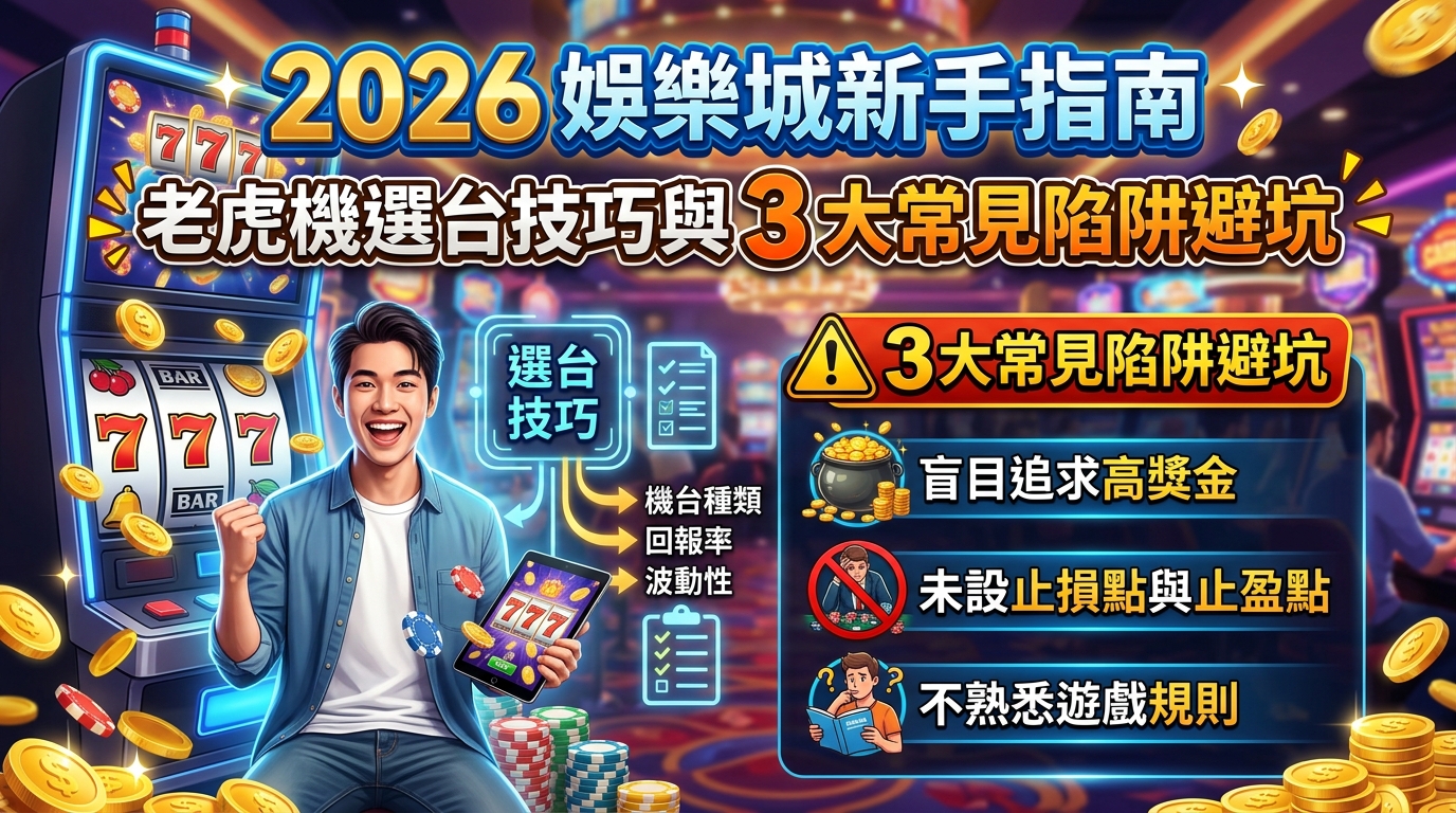 一張以 16:9 比例設計的 2026 娛樂城新手指南 SEO 縮圖，背景為熱鬧絢麗的賭場與亮眼的老虎機，並伴隨飛舞的金幣。 畫面呈現歡呼的新手玩家與圖表，搭配醒目的「選台技巧」與「3 大常見陷阱避坑」繁體中文標題，極具視覺吸引力。