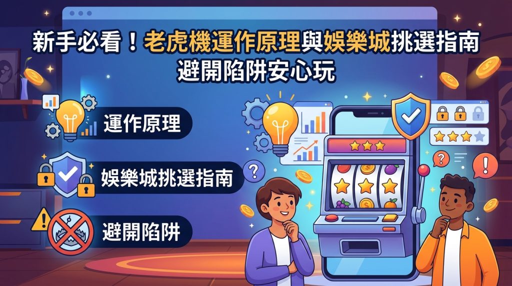 這張圖片是針對「新手必看！老虎機運作原理與娛樂城挑選指南」設計的 16:9 SEO 文章縮圖。 畫面結合了老虎機、安全盾牌、圖表與插畫人物，並清晰呈現繁體中文標題與重點單元。